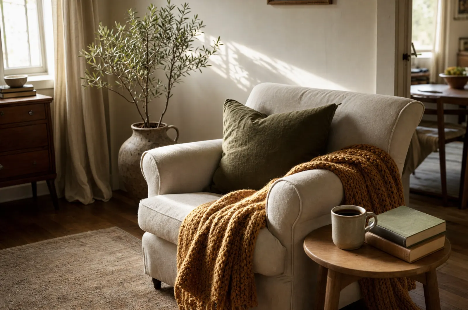 A cozy reading corner: cream linen armchair with an olive cushion and honey knit throw, coffee and books on an oak side table in soft morning light