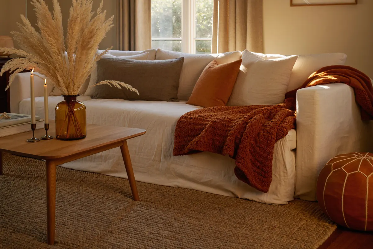 Cozy fall living room decor with a cream sofa, rust chunky knit throw, layered pillows and warm candlelight