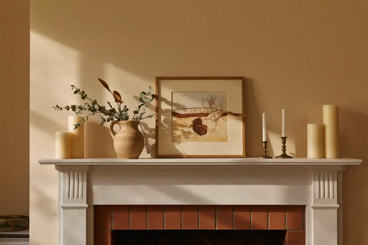An understated fall mantel with dried branches in a stoneware jug, cream pillar candles and brass candlesticks