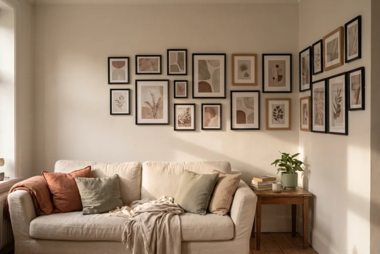 Corner gallery wall ideas in a living room, black and oak frames wrapping an interior corner above a cream sofa in warm afternoon light