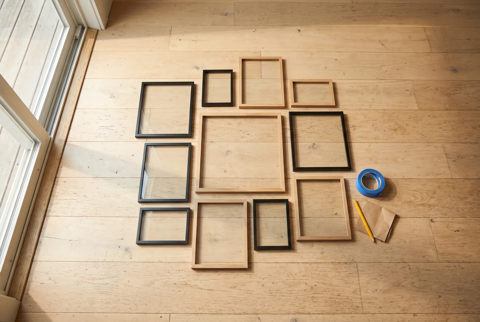 Matched black and natural oak picture frames laid out on a floor before hanging