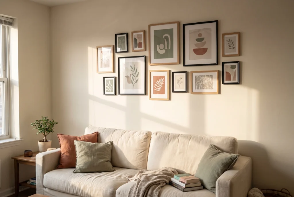 Renter friendly gallery wall of black and oak frames arranged above a cream sofa in warm afternoon light