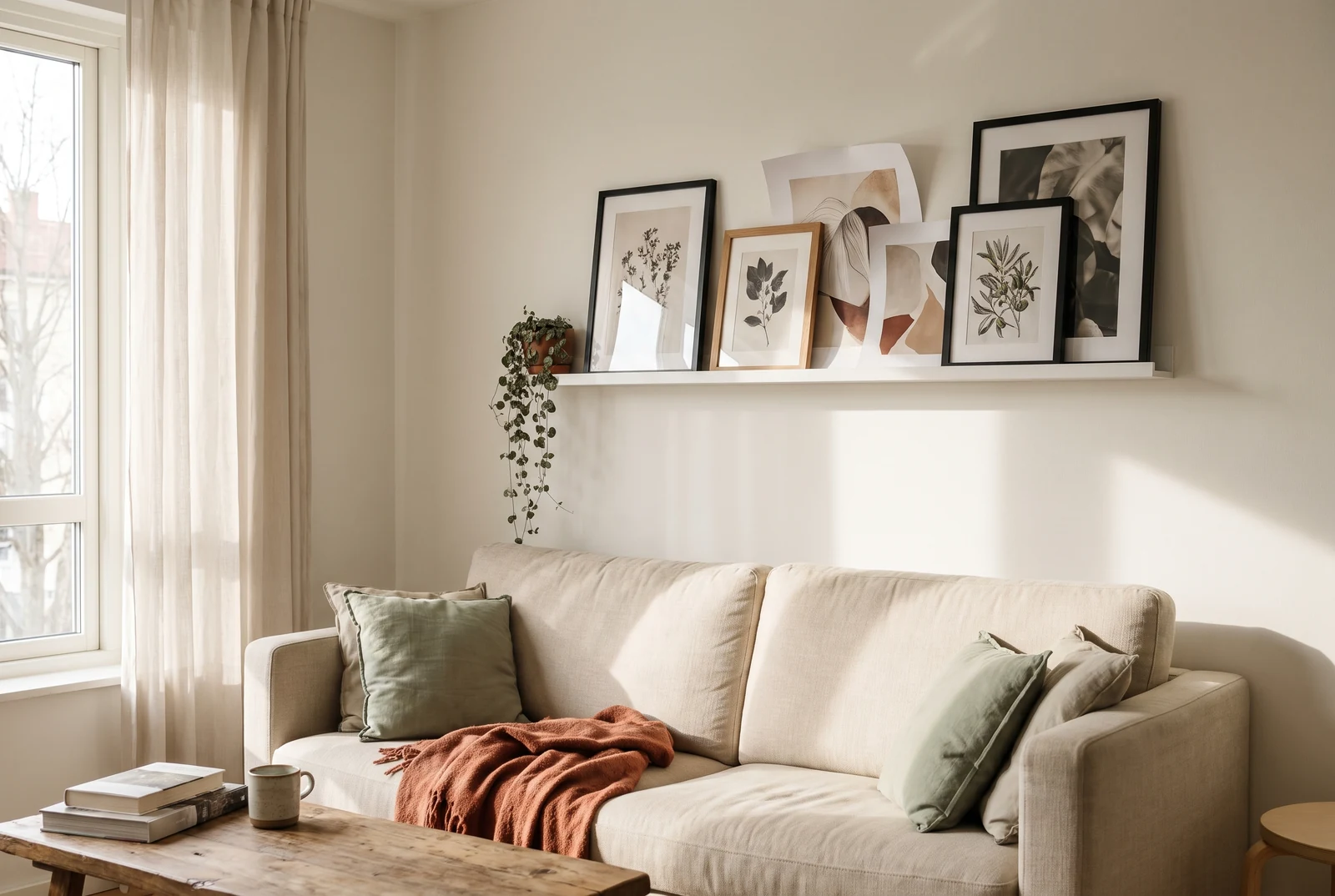 Framed art and prints leaning on a narrow white picture ledge above a sofa