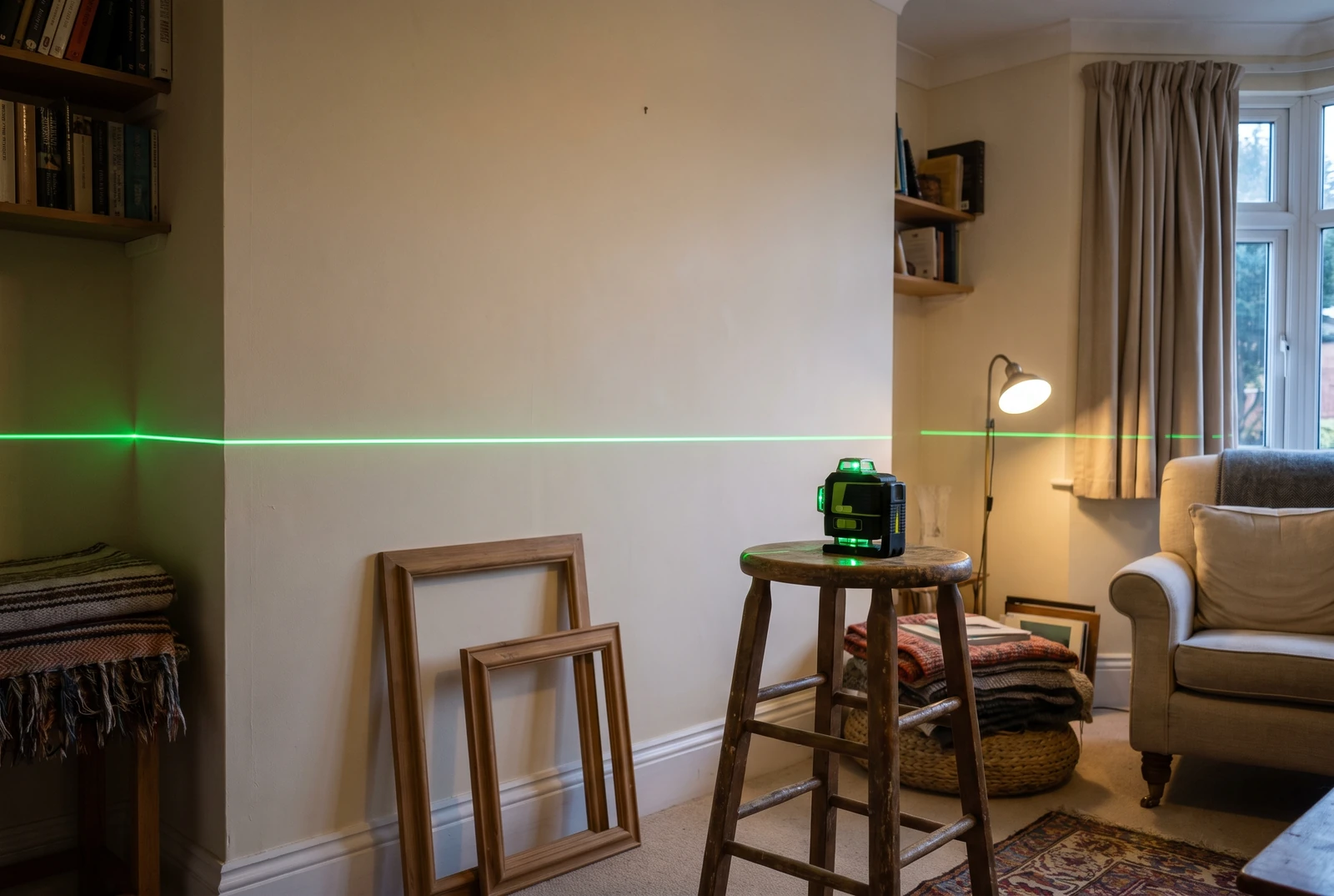 Cross-line laser level projecting a level green line across two walls at an interior corner