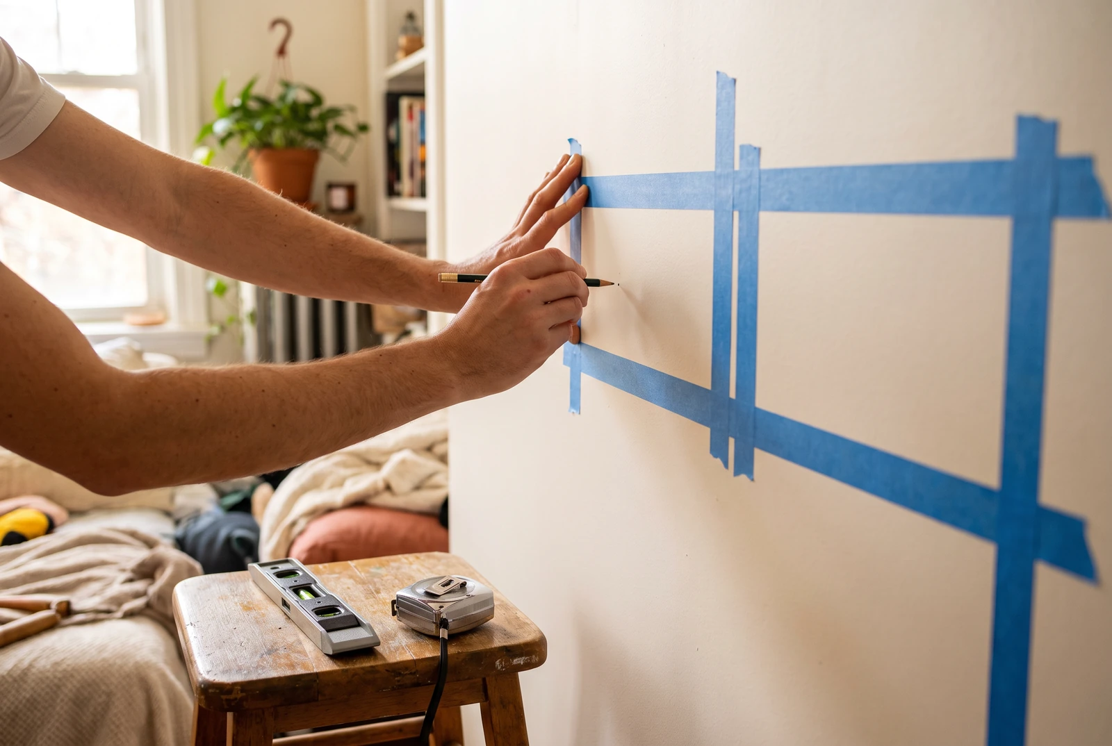 Hands marking a gallery wall layout on a rental wall with painter's tape and a pencil