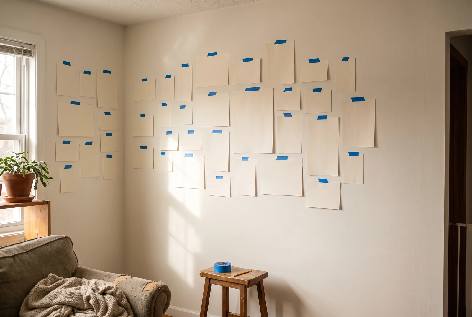 Paper rectangles taped around an interior corner to test a gallery wall layout before hanging