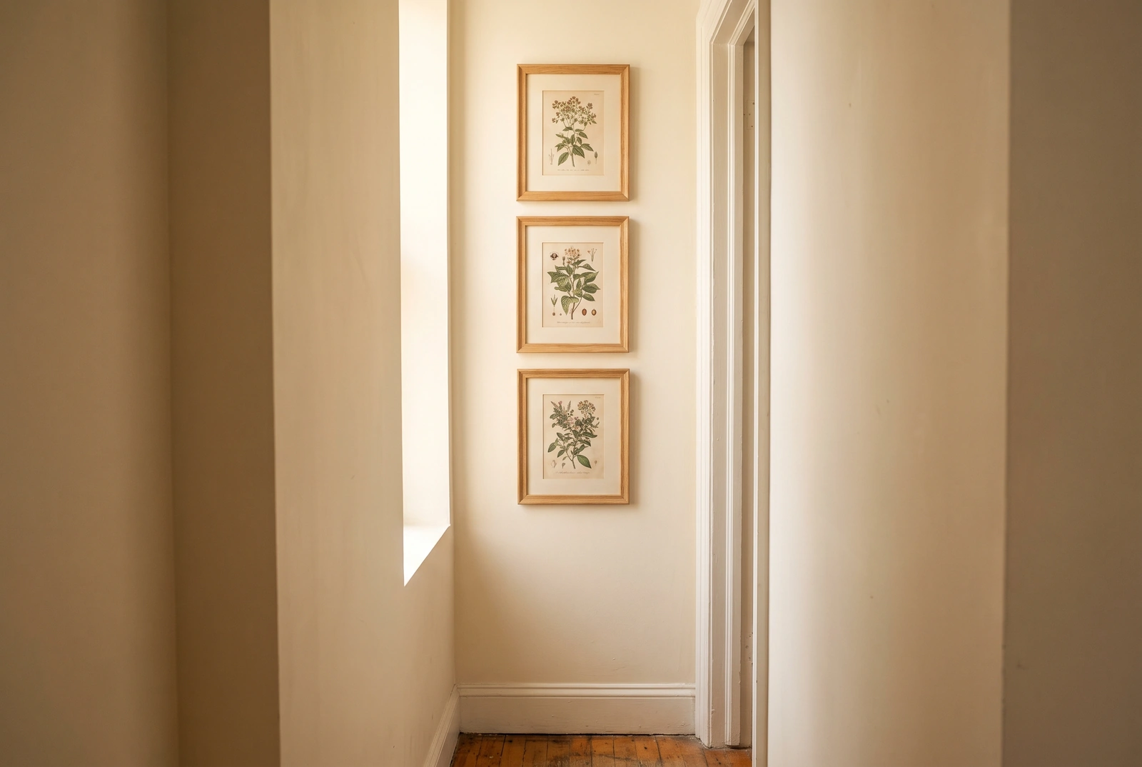 Narrow return wall beside a corner with a vertical column of three small framed prints