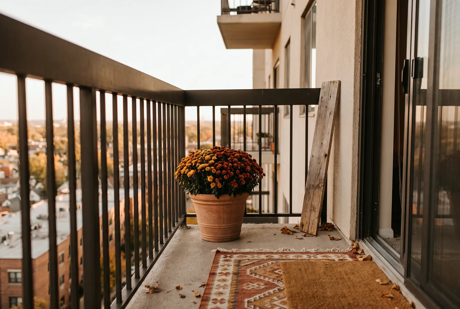Small apartment balcony decorated for autumn with a weighted planter, a leaning wooden sign and a layered doormat