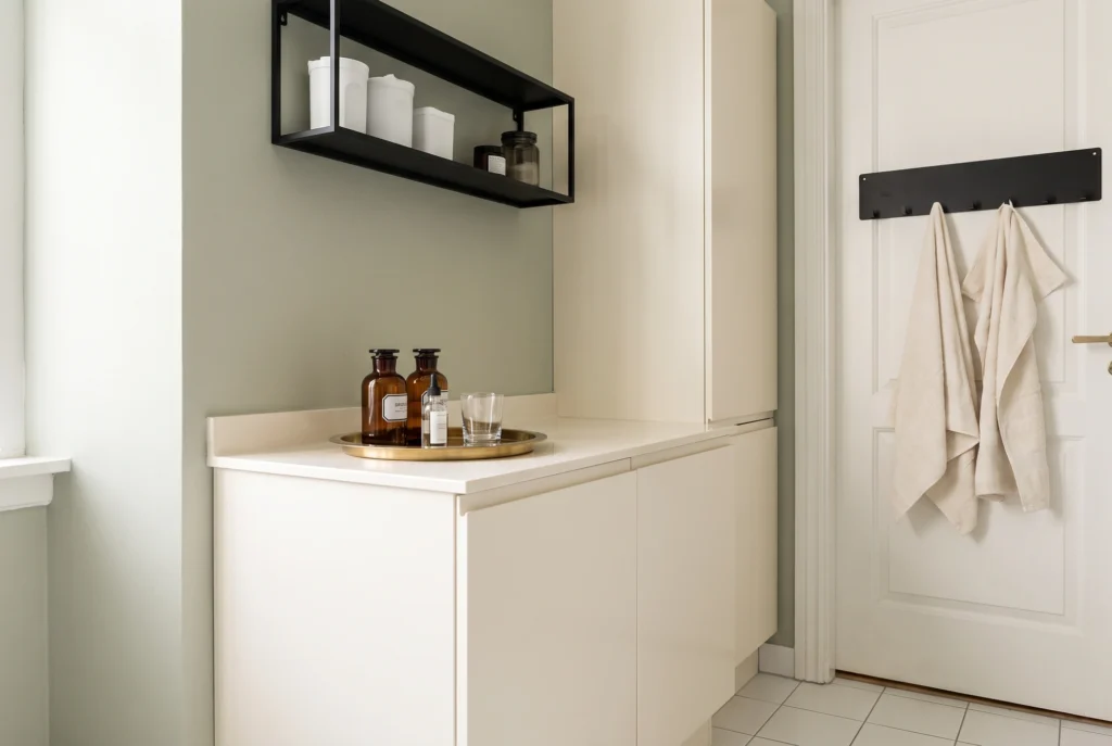 Bathroom decor ideas on a tight budget in a small bathroom with black metal open shelving, a brass countertop turntable and towels on matte black door hooks