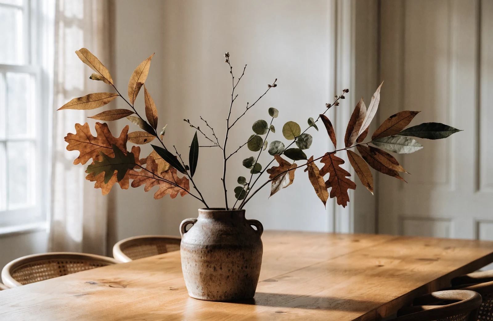 Foraged branches with turning leaves spreading wider than they are tall from a heavy stoneware jug on a dining table