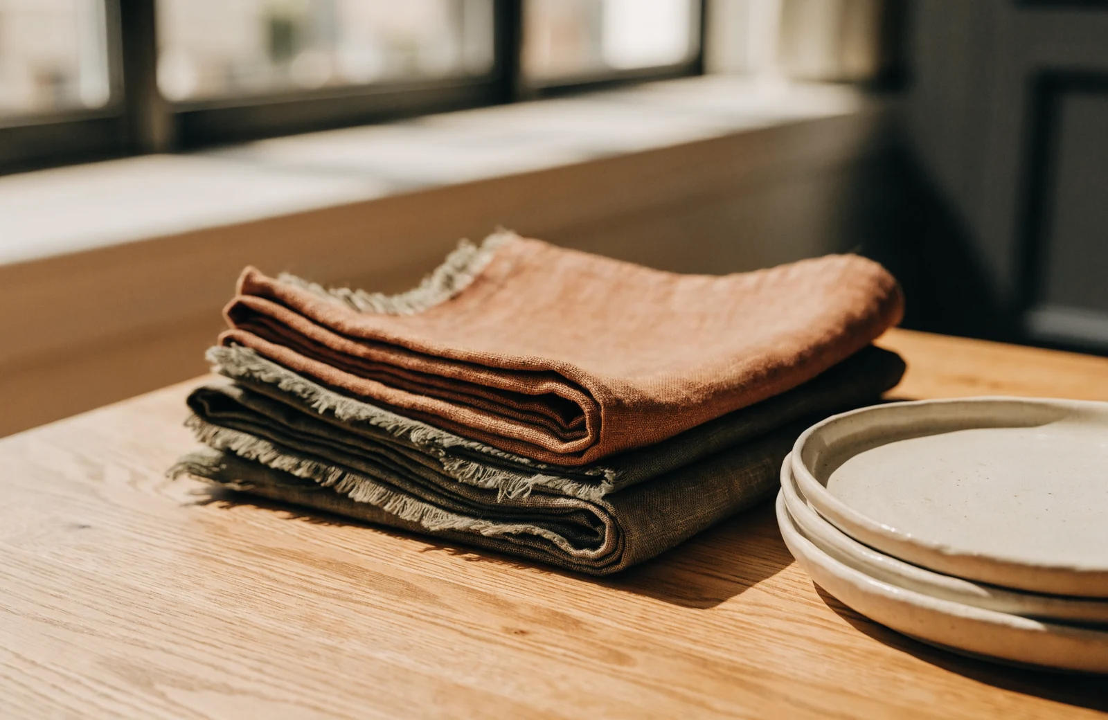 Folded rust and olive linen napkins stacked beside stoneware plates on a bare oak table