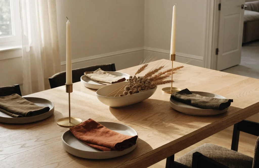 Fall dining table decor on a wooden table with a low centrepiece of dried stems, unlit taper candles and folded rust linen napkins