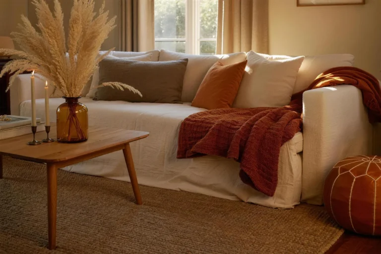 Cozy fall living room decor with a cream sofa, rust chunky knit throw, layered pillows and warm candlelight