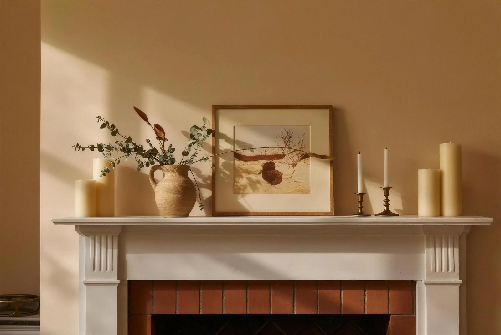 Understated fall mantel with dried branches in a stoneware jug, cream pillar candles and brass candlesticks