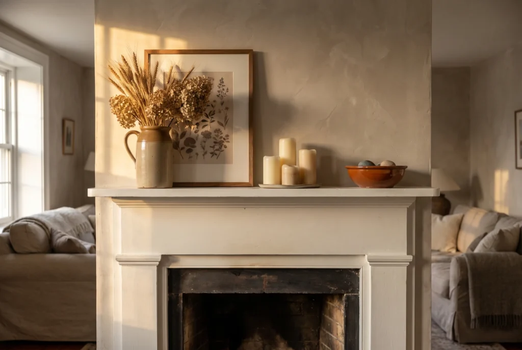Fall mantel decorating ideas on a white painted mantel with dried stems, pillar candles and leaning art in warm autumn light