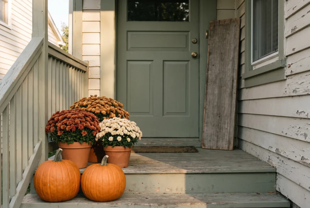 Fall porch decorating ideas on a small covered porch with grouped mums, a leaning wooden sign and uncarved pumpkins in warm autumn light