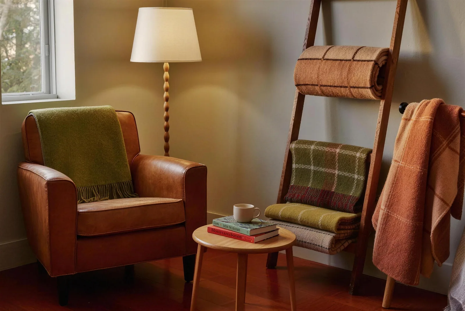 Fall reading corner with a caramel leather armchair, olive wool throw, warm floor lamp and blanket ladder