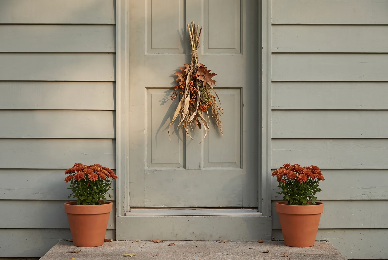 Front door with an autumn swag hung stem-up and matching planters flanking either side