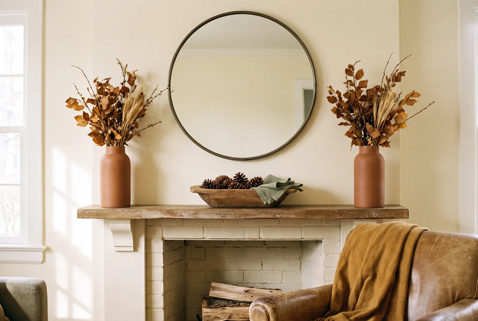 Matched pair of tall vases at each end of a mantel beneath a large round mirror, symmetrical fall styling