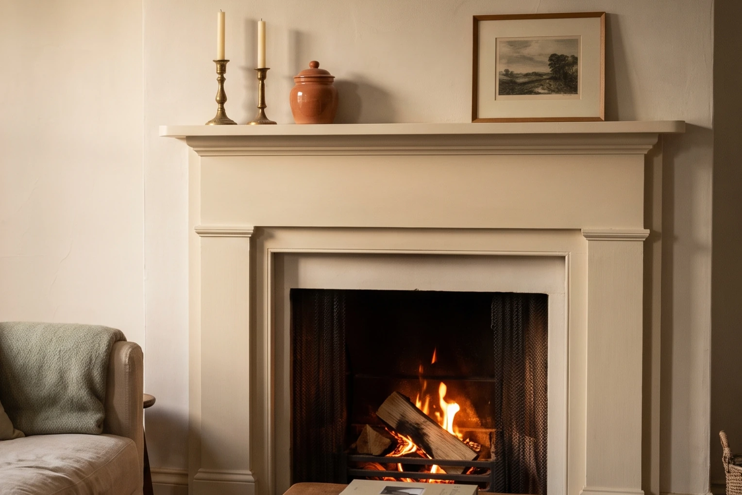 Lit fireplace with a simply styled mantel above it, nothing hanging below the front edge of the shelf