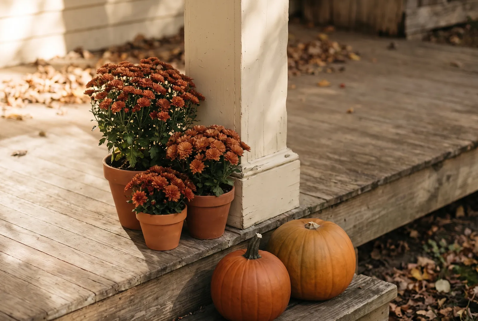 Three mums in graduated pots grouped at the base of a porch column with uncarved pumpkins on the step