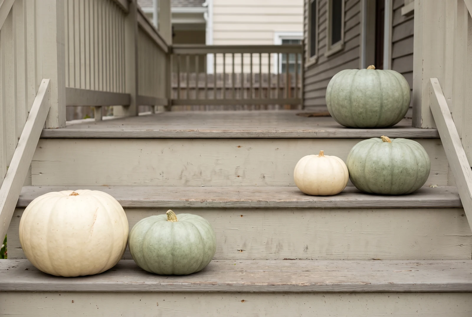 Uncarved white and pale green pumpkins grouped on painted porch steps in a single colour palette
