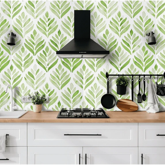 DAZLUTE floral peel-and-stick wallpaper, green leaf, 17.52 in x 394 in