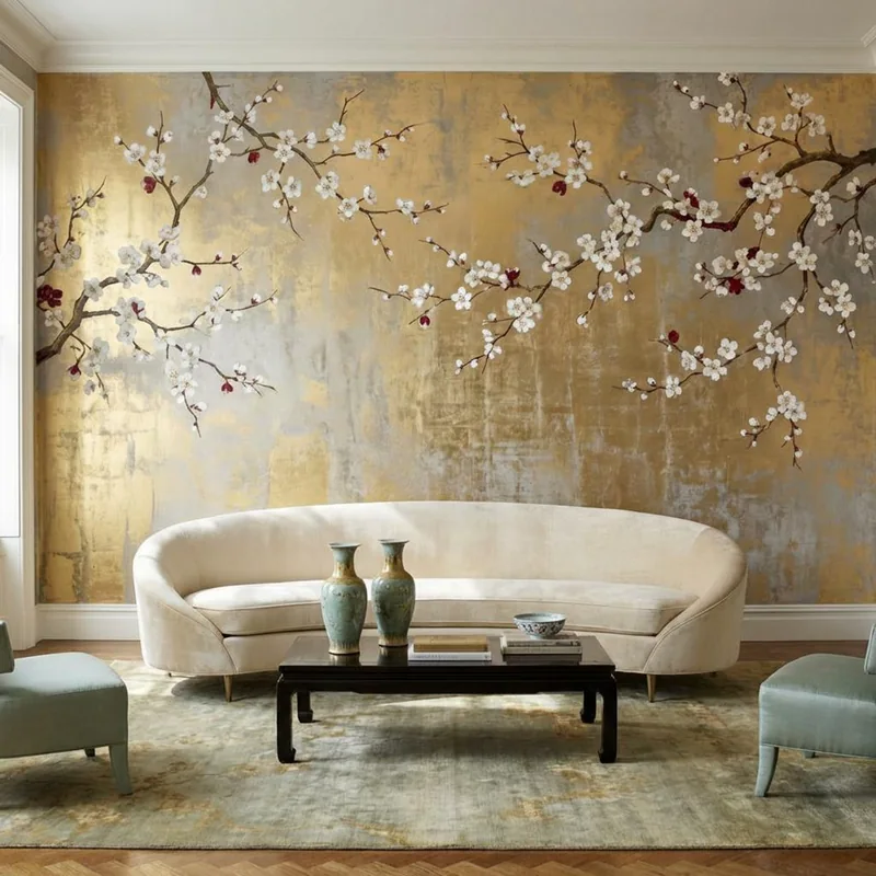 Chinoiserie floral peel-and-stick mural, gold