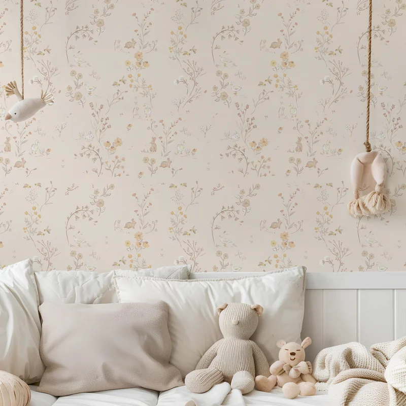 Pastel floral bunny peel-and-stick nursery wallpaper, soft beige woodland