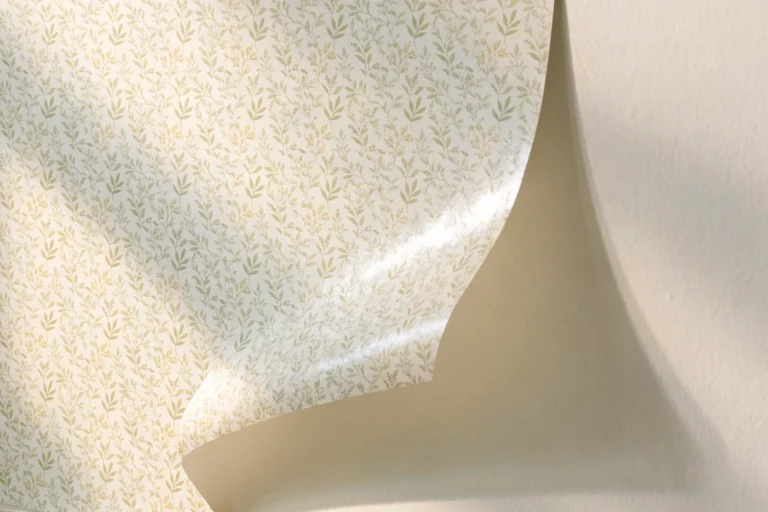 Renter friendly wallpaper peeling away from a pale wall, the panel curling back to show the bare painted wall behind it